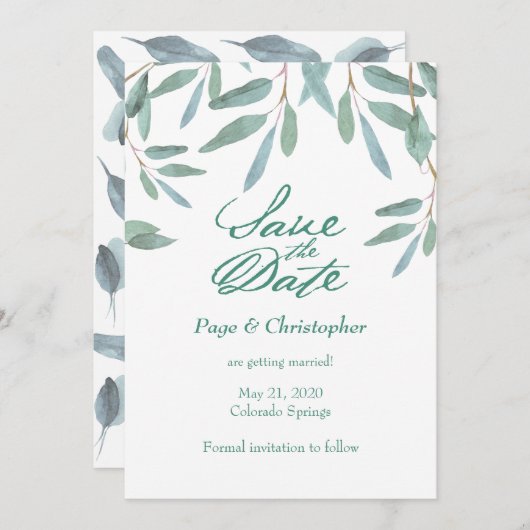 Groene olievloeistof Eucalyptus laat de datum opsl Save The Date (Voorkant / Achterkant)