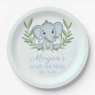 Groene Olifant Blauwe Jongens Baby Shower Papieren Bordje