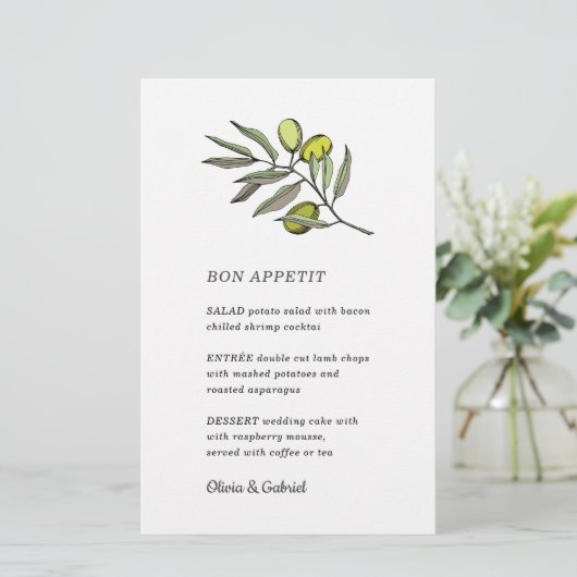 Groene Olijf. Stijlvol fancy modern trouwmenu (Staand voorkant)