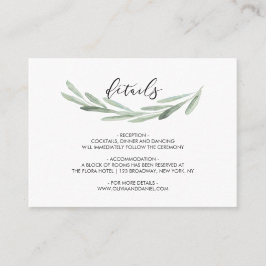 Groene Olijfbijtak met details over het huwelijk Informatiekaartje (Voorkant)