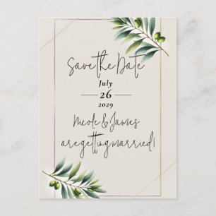 Groene Olijfblad Beenwit & Goud Save the Date Aankondigingskaart