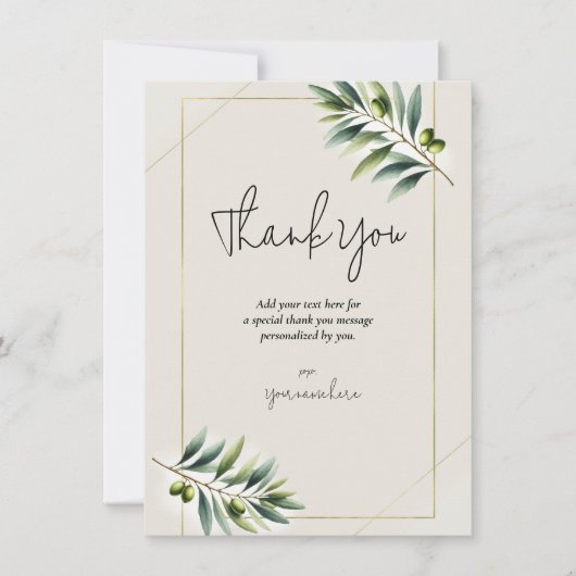 Groene Olijfblad Bone Wit Goud Rustiek Dank u Kaart (Voorkant)