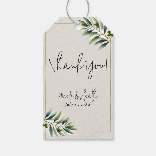 Groene Olijfblad Bone Wit & Goud Rustiek Huwelijk Cadeaulabel (Achterkant)