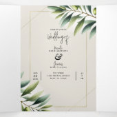 Groene Olijfblad Bone Wit & Goud Rustiek Huwelijk Drieluik Uitnodiging (Binnenkant midden)