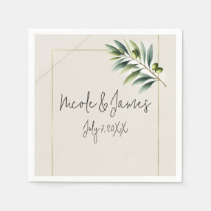 Groene Olijfblad Bone Wit & Goud Rustiek Huwelijk Servet