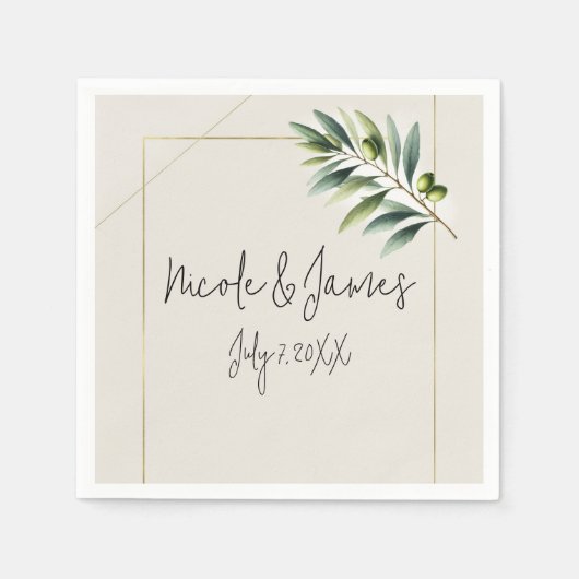 Groene Olijfblad Bone Wit & Goud Rustiek Huwelijk Servet (Voorkant)