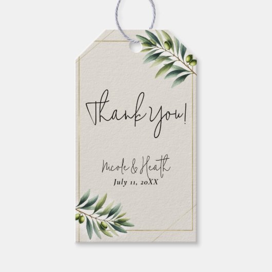 Groene Olijfblad Bottenwit & Goud Rustieke Trouwda Cadeaulabel (Voorkant)