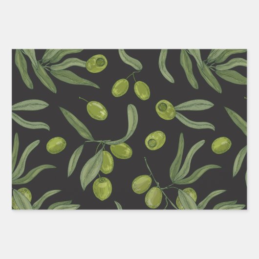 Groene olijven en bladeren inpakpapier vel (Voorkant)
