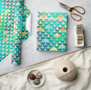 Groene Ombre-Folie en gouden Glitter Mermaid Scale Cadeaupapier