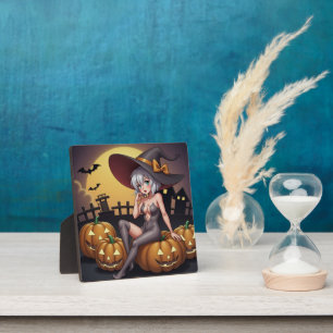 Groene Oog Halloween Heks op Jack-O-Lantern's Fotoplaat