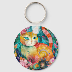 Groene Oog Kat Omringd door een Reeks Bloemen Sleutelhanger