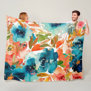 Groene Oranje Aquarel Bloemige Bladeren Fleece Deken