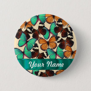 Groene & oranje vlinders ronde button 5,7 cm