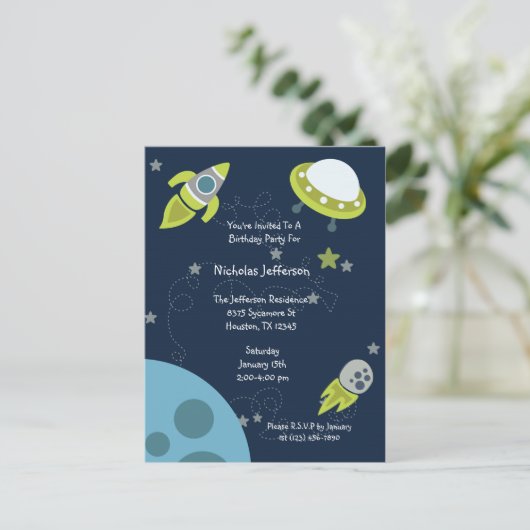 Groene Outer Space UFO Verjaardag Uitnodiging Brie (Staand voorkant)