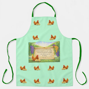 Groene overall schort met kippen en Bijbelvers