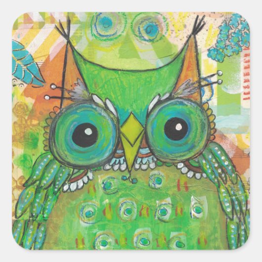 Groene Owl Vierkante Sticker (Voorkant)