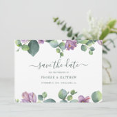 Groene Paarse Eucalyptus Greenery Modern Save The Date (Staand voorkant)
