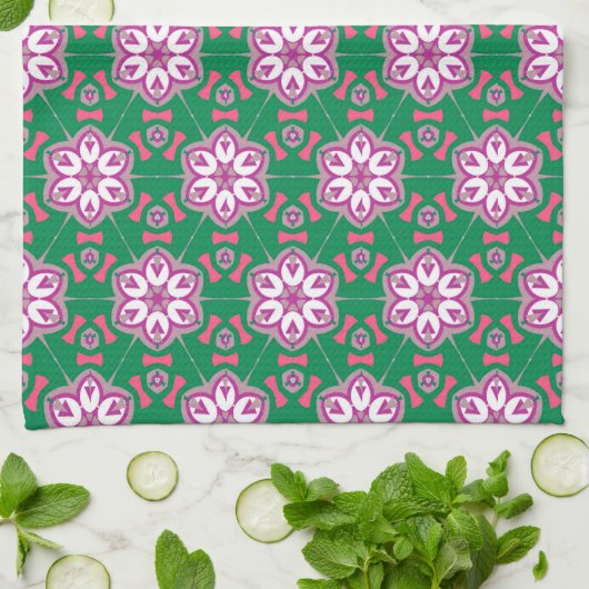Groene Paarse Floral Star Groovy Pattern Theedoek (Gevouwen)