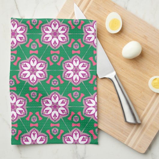 Groene Paarse Floral Star Groovy Pattern Theedoek (Quarter Fold)