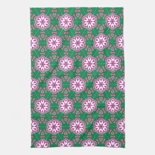 Groene Paarse Floral Star Groovy Pattern Theedoek (Verticaal)