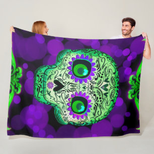 Groene & Paarse Glanzende Suiker Schedel Halloween Fleece Deken