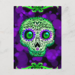 Groene & Paarse Gloeiende Suiker Schedel Halloween Briefkaart