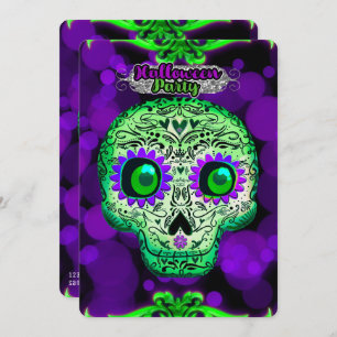 Groene & Paarse Glowing Skull Halloween Party Kaart