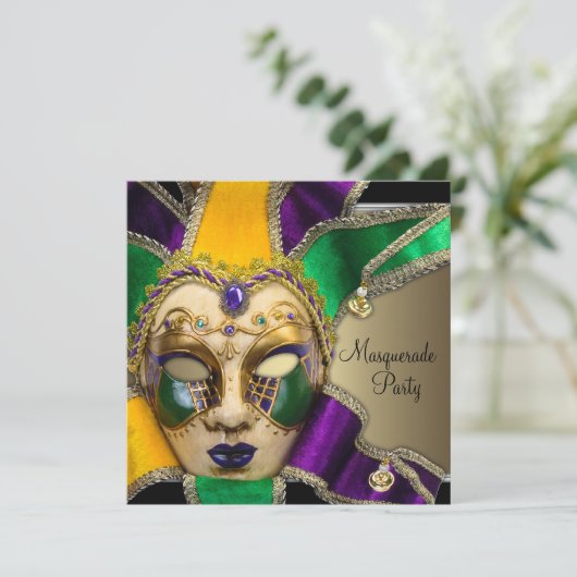 Groene Paarse gouden maskerade uitnodigingen (Staand voorkant)