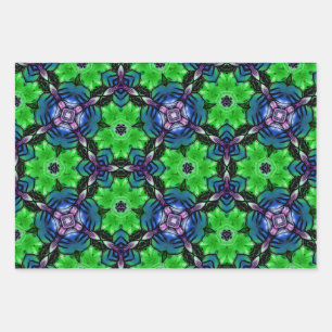 Groene & Paarse Kaleidoscoop Fractal Patroon Wrapp Inpakpapier Vel