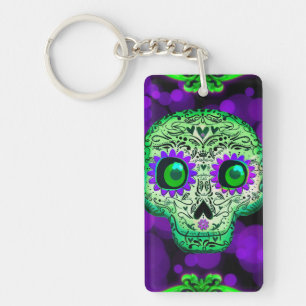 Groene & Paarse Lichtgevende Suiker Schedel Hallow Sleutelhanger