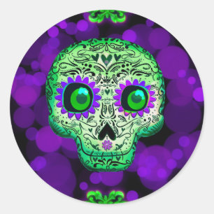 Groene & Paarse Suiker Schedel Gloeiend Halloween  Ronde Sticker