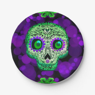Groene & Paarse Suikerschedel Glowende Halloween F Papieren Bordje
