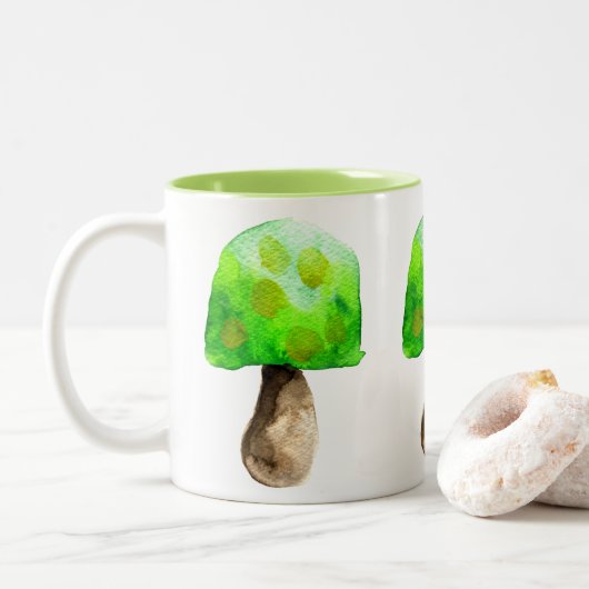 Groene paddenstoel waterverf schattige schimmels tweekleurige koffiemok (Met donut)