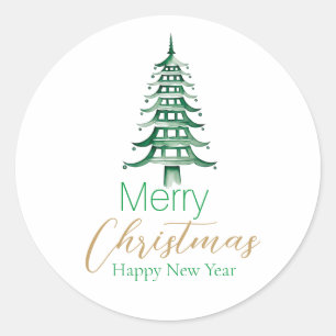 Groene pagode kerstboom ronde sticker
