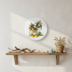 Groene palmbomen met kokosnoepjes, kleurtropen grote klok