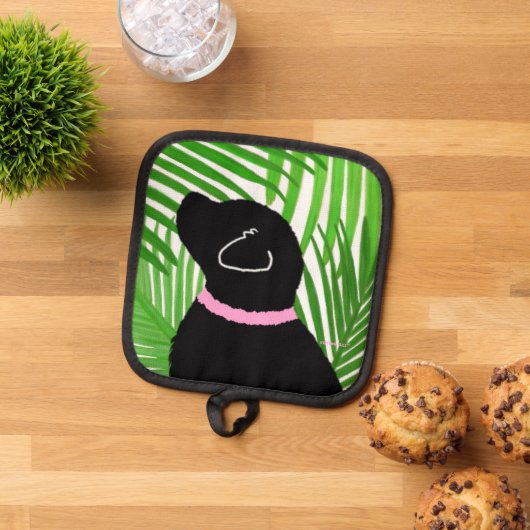 Groene palmboom eiland zwarte hond pot houder (Top down)