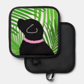 Groene palmboom eiland zwarte hond pot houder (Voorkant / Achterkant)