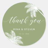 Groene palmboom tropisch dank u bruiloft ronde sticker (Voorkant)