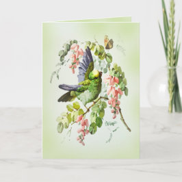 Groene papegaai en roze acacia bloem vintage kaart