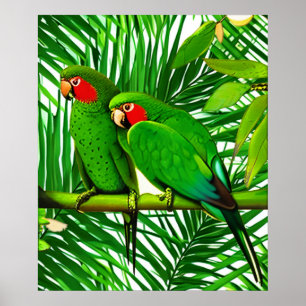 Groene Papegaaien Koppel in een Jungle Setting  Poster