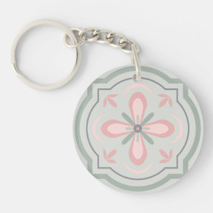 Groene Pastel Bloemtegels Sleutelhanger