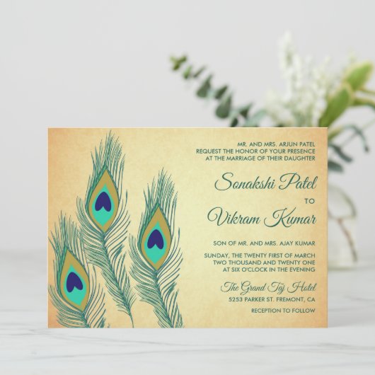 groene pauw veren indiaanse bruiloft kaart (Staand voorkant)