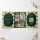  groene pauwenveren QR code bruiloft Drieluik Uitnodiging (Binnen)