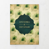  groene pauwenveren QR code bruiloft Drieluik Uitnodiging (Cover)