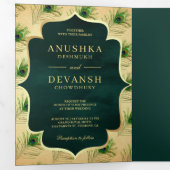  groene pauwenveren QR code bruiloft Drieluik Uitnodiging (Binnenzijde eerst)