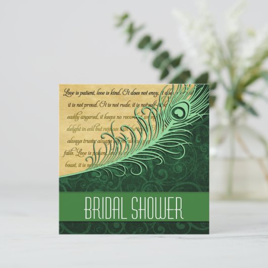 Groene Peacock Bridal Shower Invitations Kaart (Staand voorkant)