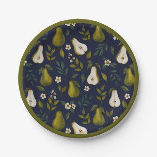 Groene Peer Watercolor Patroon op Donkerblauw Papieren Bordje