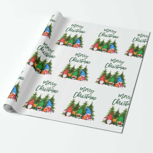 Groene Penseelscript Waterverf Gnomen Trees Cadeaupapier (Uitgerold)