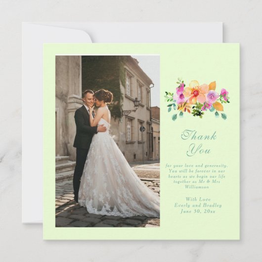 Groene perzik roze bloemige fotoscript dank u kaart (Voorkant)