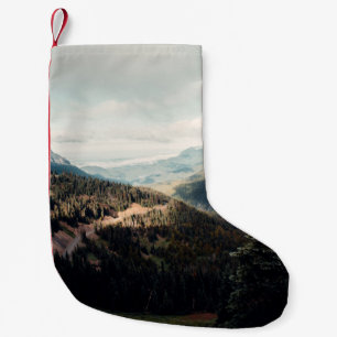 GROENE PIJNBOMEN OP MOUNTAIN ONDER WITTE DU KLEINE KERSTSOK
